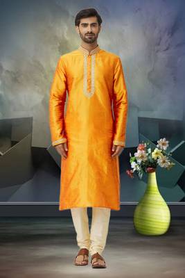 Men's yellow embroidered kurta pajama 1
