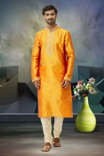Men's yellow embroidered kurta pajama