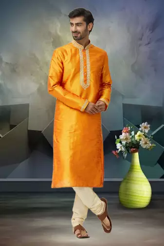 Men's yellow embroidered kurta pajama