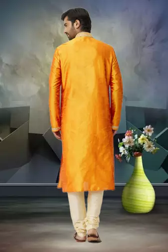Men's yellow embroidered kurta pajama