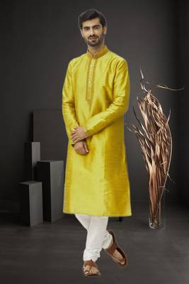 Men's yellow embroidered kurta pajama 2