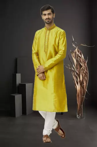 Men's yellow embroidered kurta pajama