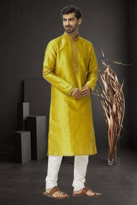 Men's yellow embroidered kurta pajama 3