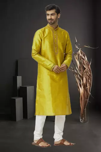 Men's yellow embroidered kurta pajama