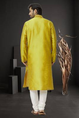 Men's yellow embroidered kurta pajama 4