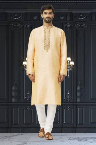 Men's beige embroidered kurta pajama