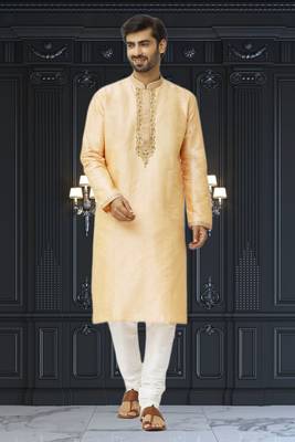 Men's beige embroidered kurta pajama 2
