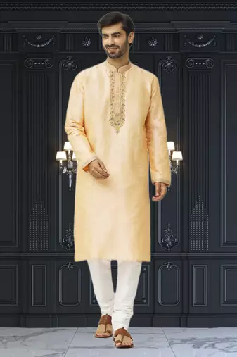 Men's beige embroidered kurta pajama