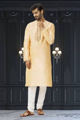 Men's beige embroidered kurta pajama 3
