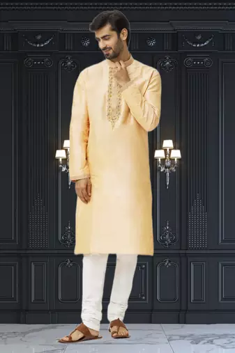 Men's beige embroidered kurta pajama