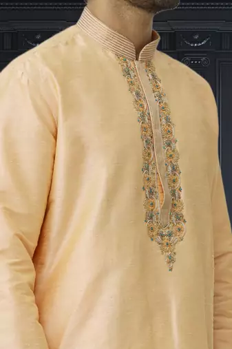 Men's beige embroidered kurta pajama