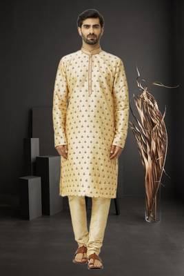 Men's fawn embroidered kurta pajama 1