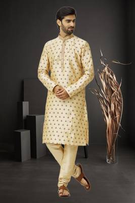 Men's fawn embroidered kurta pajama 2