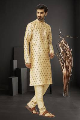 Men's fawn embroidered kurta pajama 3