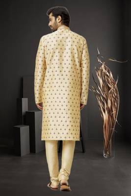Men's fawn embroidered kurta pajama 5