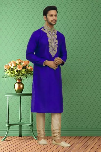 Men's blue embroidered kurta pajama