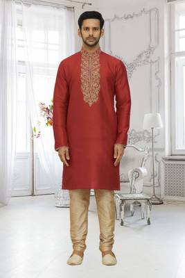 Men's red embroidered kurta pajama 1