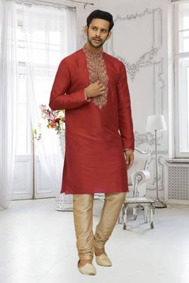 Men's red embroidered kurta pajama 2