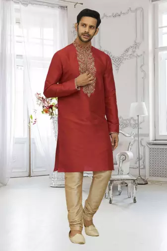 Men's red embroidered kurta pajama