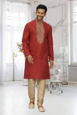 Men's red embroidered kurta pajama 3