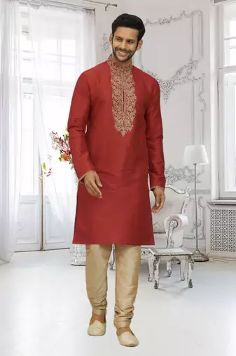 Men's red embroidered kurta pajama
