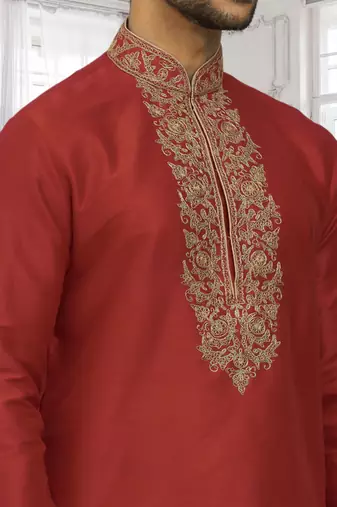 Men's red embroidered kurta pajama