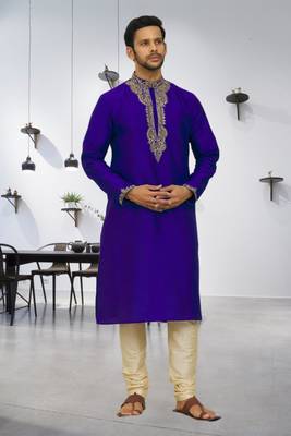 Men's blue embroidered kurta pajama 2