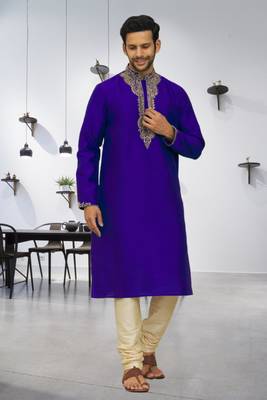 Men's blue embroidered kurta pajama 3