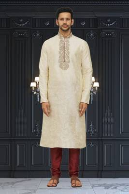 Men's fawn embroidered kurta pajama 1
