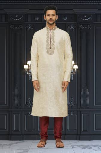 Men's fawn embroidered kurta pajama