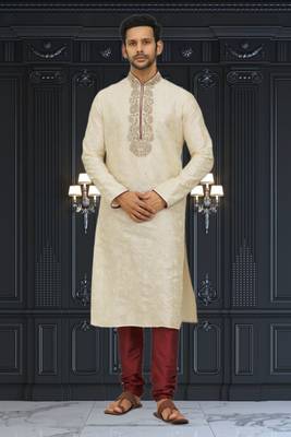 Men's fawn embroidered kurta pajama 2