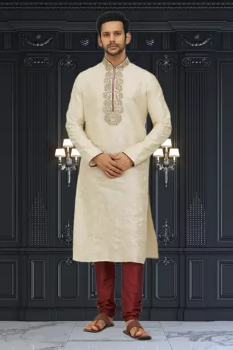 Men's fawn embroidered kurta pajama