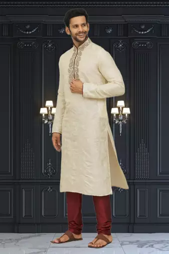 Men's fawn embroidered kurta pajama