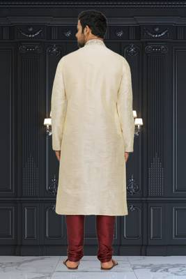 Men's fawn embroidered kurta pajama 5