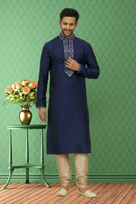 Men's blue embroidered kurta pajama 3
