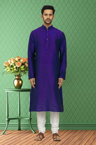 Men's blue art silk plain kurta pajama