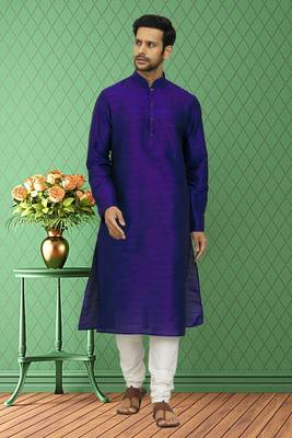 Men's blue art silk plain kurta pajama 2