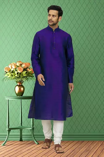 Men's blue art silk plain kurta pajama