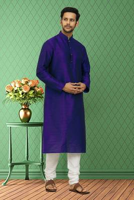 Men's blue art silk plain kurta pajama 3