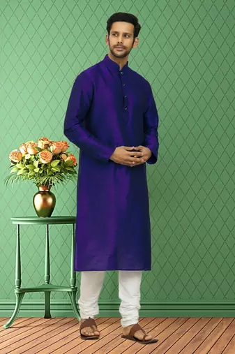 Men's blue art silk plain kurta pajama