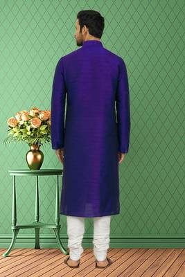 Men's blue art silk plain kurta pajama 5