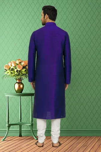 Men's blue art silk plain kurta pajama