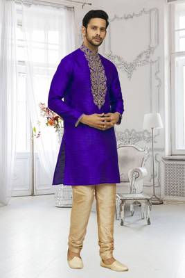 Men's blue embroidered kurta pajama 3