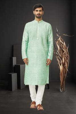 Men's pista green embroidered kurta pajama 1