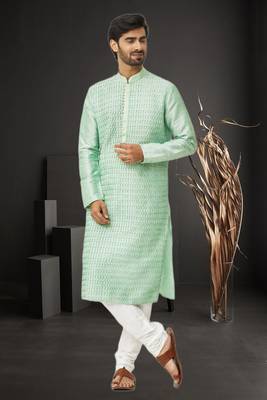 Men's pista green embroidered kurta pajama 2
