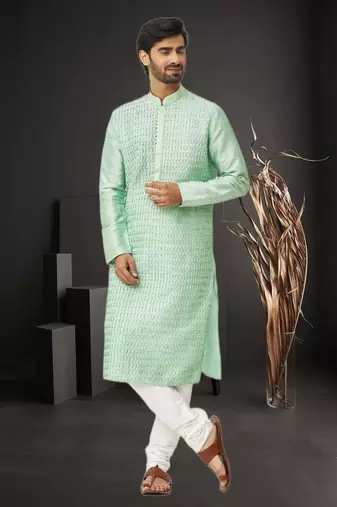 Men's pista green embroidered kurta pajama