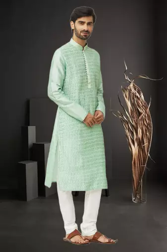 Men's pista green embroidered kurta pajama