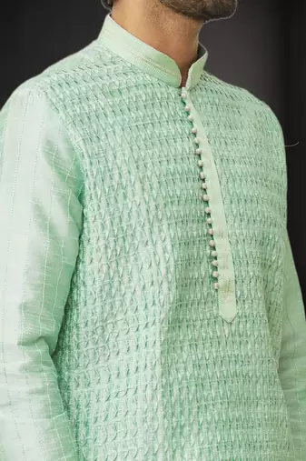 Men's pista green embroidered kurta pajama