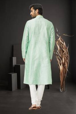 Men's pista green embroidered kurta pajama 5