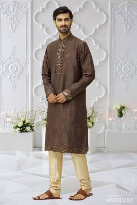 Men's brown embroidered kurta pajama 2